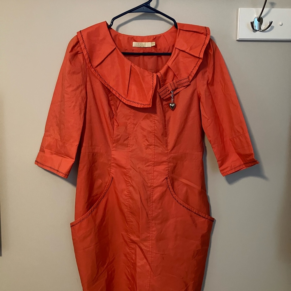 Elegant Coral Long Sleeve Dress with Heart Accent
